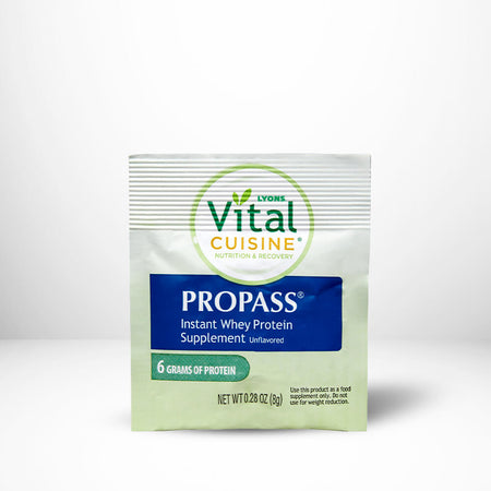 Vital Cuisine Propass Instant Whey Protein Supplement packet on a white background.
