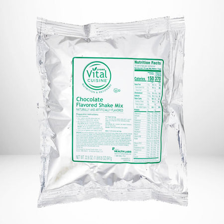 Vital Cuisine chocolate flavored shake mix package on a white background.