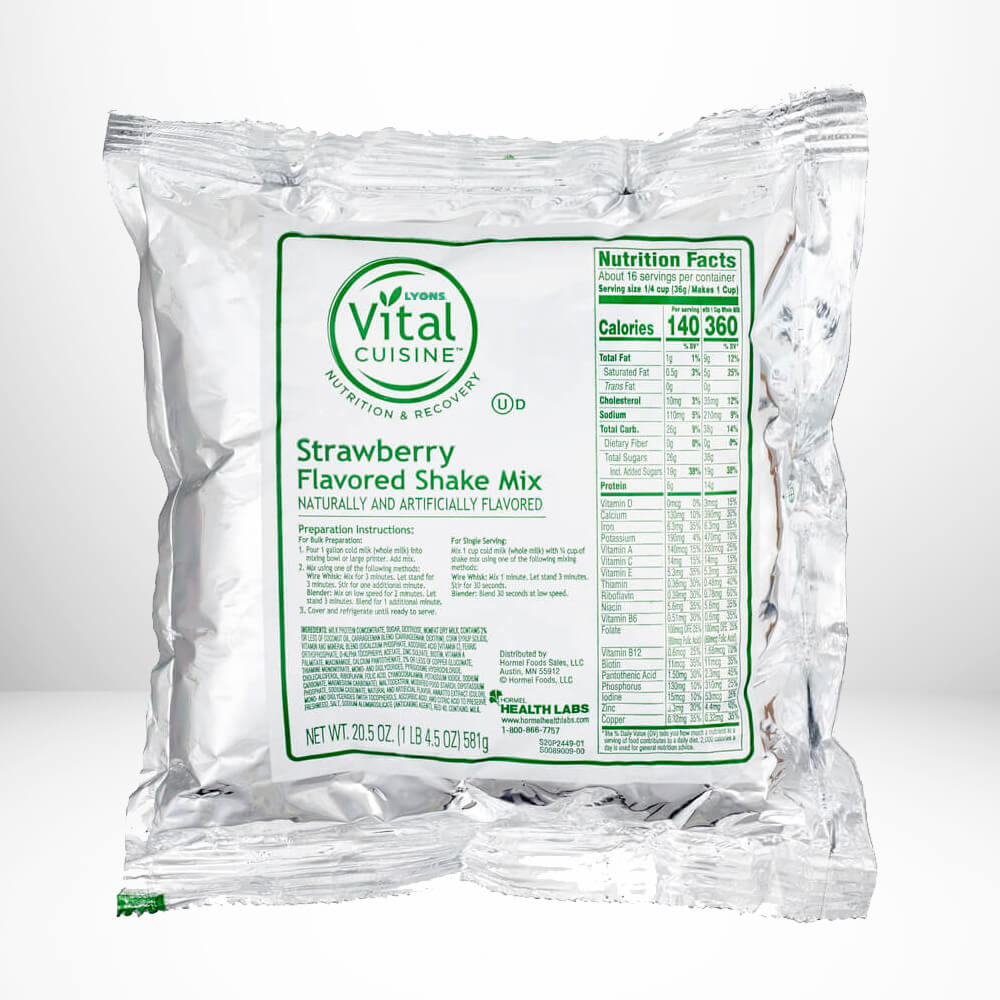 Vital Cuisine strawberry flavored shake mix package on a white background.